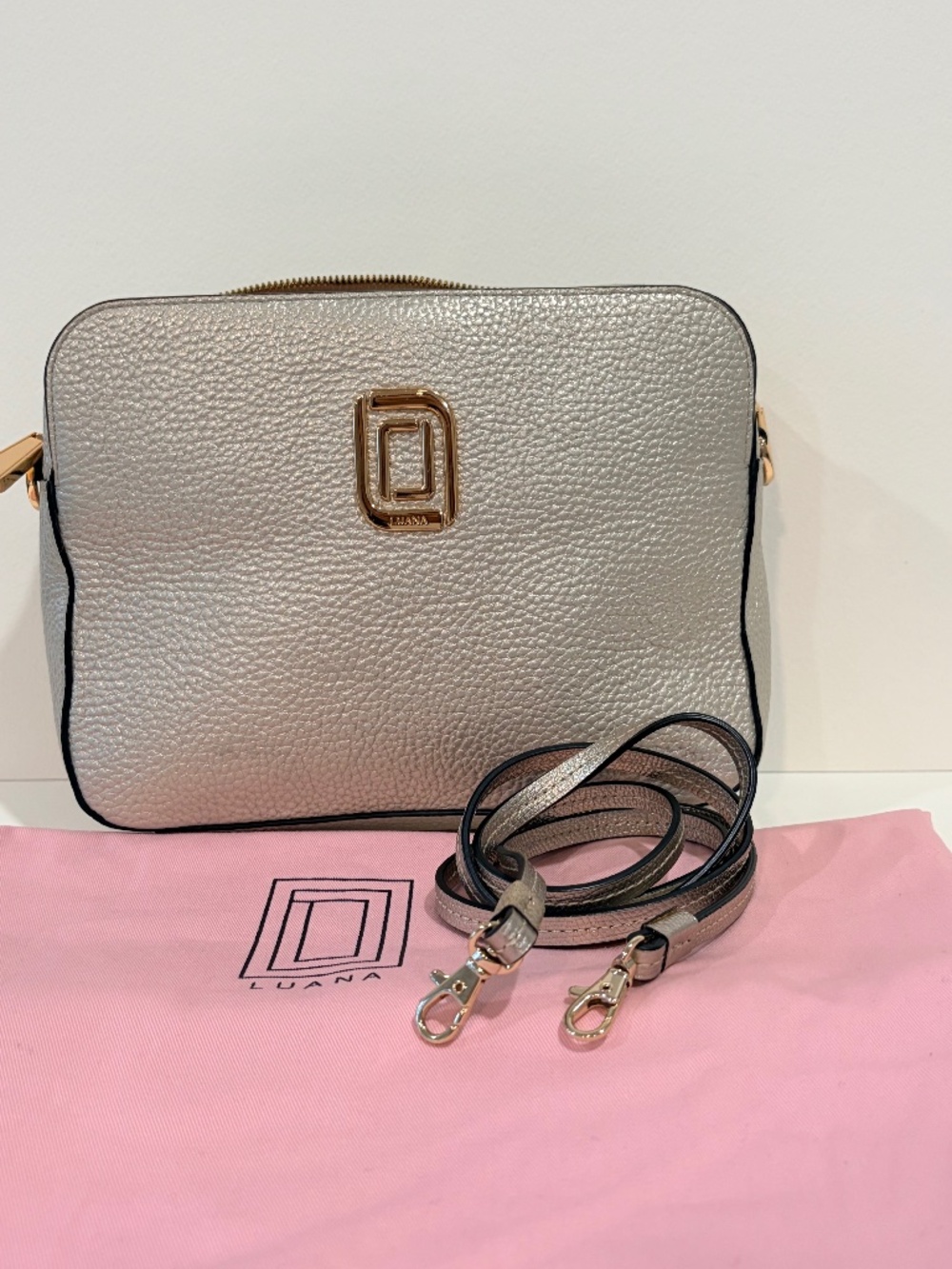 Luana Italy Metallic Silver Leather Camera Crossbody Bag Gold Hardware